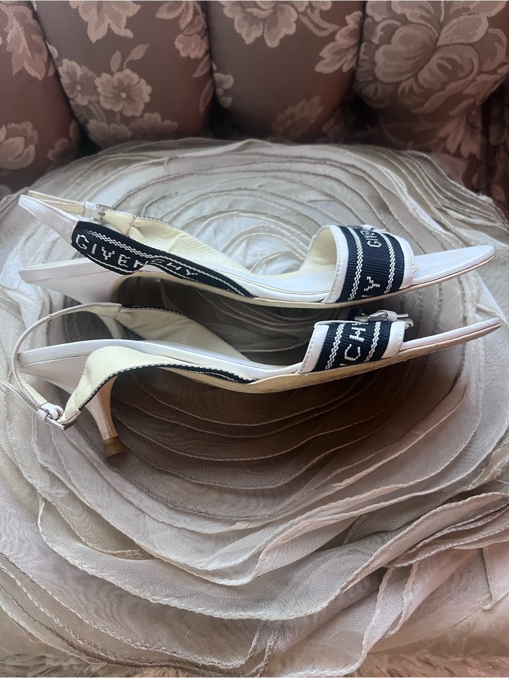 Givenchy White Slingback Heels with Black Branded Strap